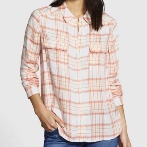 Paige Pink Coral Plaid Trudy long sleeve Button Down Shirt size small - Picture 2 of 11